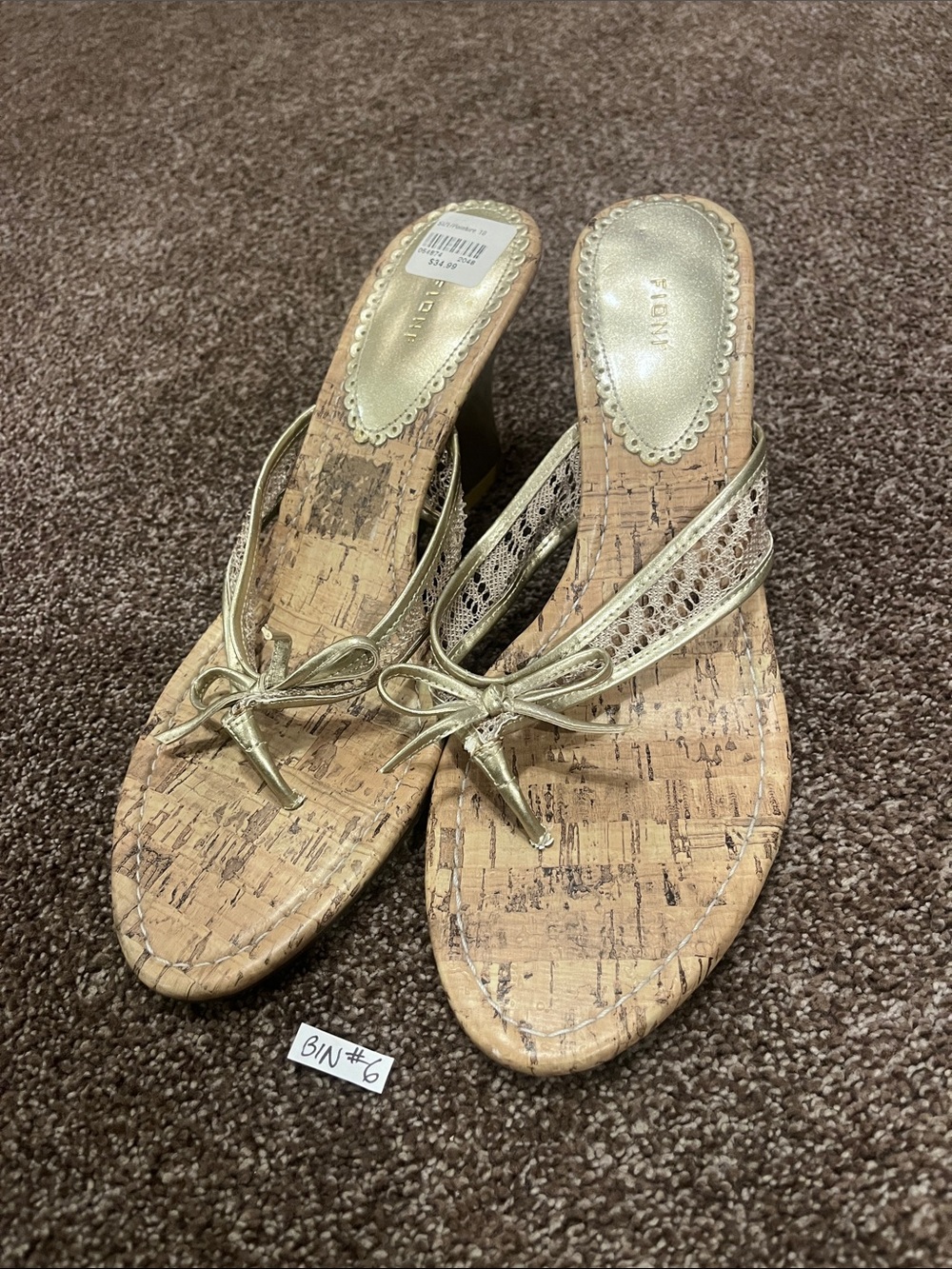 FIONI Gold Metallic Bow Cork Wedge Sandals